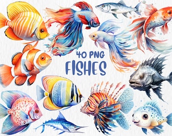 Watercolor Fish Clipart: 40 Sea Animal Illustrations (PNG, Commercial Use)