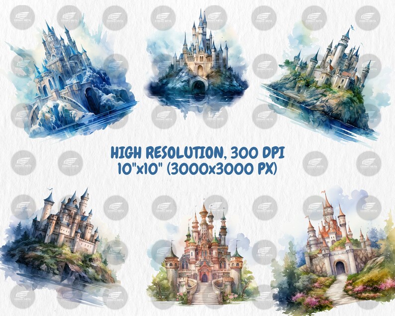 Watercolor Fantasy Castles Clipart | Fairy Tale Fortress, Stronghold, Towering Turrets Illustrations | Instant Download for Commercial Use