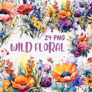 Clipart de flores silvestres en acuarela / Clipart de flores pintadas / Ilustraciones de flores silvestres / Gráficos PNG, descarga instantánea para uso comercial