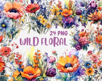 Watercolor Wild Floral Clipart | Painted Floral Clipart | Wild Floral Illustrations | PNG Graphics, Instant Download for Commercial Use