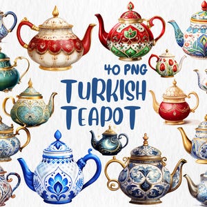 May include: A collection of 40 watercolor illustrations of Turkish teapots. The teapots are decorated with intricate patterns and designs in various colors, including blue, red, green, and gold. The teapots are all different shapes and sizes, and some have lids.