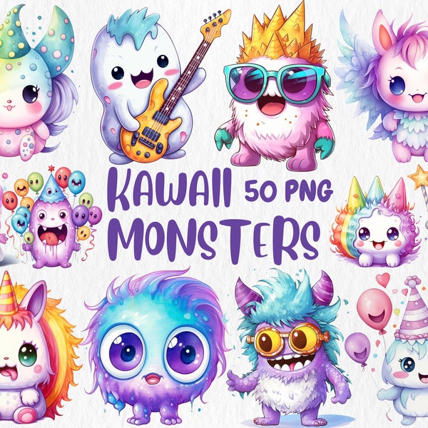 Aquarell Kawaii Monsters Clipart | Verspielter und lustiger Charakter, niedliche entzückende Monster-Illustrationen | Sofortiger Download für kommerzielle Nutzung