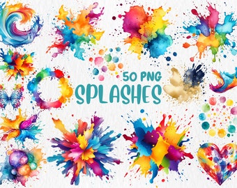 Watercolor Splashes Clipart: Rainbow Ink, Geometric Shapes (Instant Download)