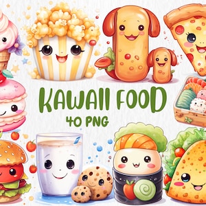 Aquarell Kawaii Essen Clipart | Milchshake, Pfannkuchen, Sushi Rolle, Popcorn, Pizza, Süßigkeiten Illustration | Sofort Download für kommerzielle Nutzung