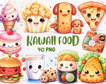 Watercolor Kawaii Food Clipart | PNG Illustrations (Instant Download)