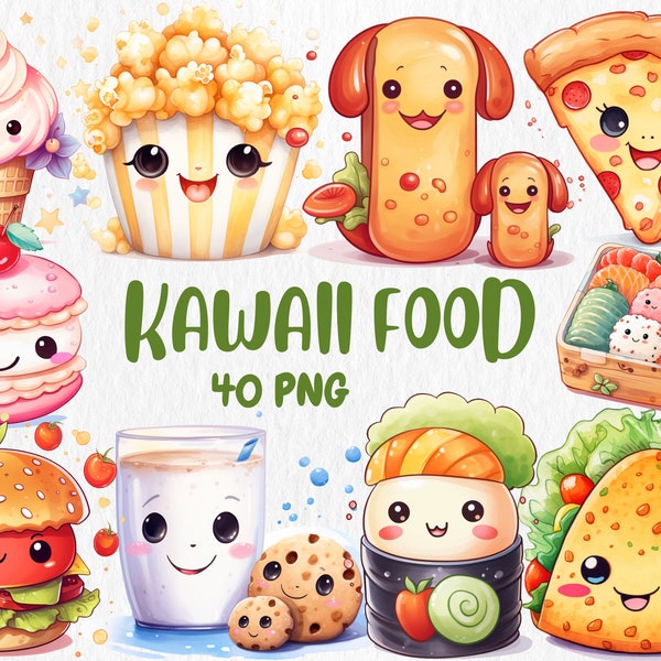 Clipart nourriture kawaii aquarelle | Milk-shake, crêpes, rouleaux de sushi, maïs soufflé, pizza, bonbons Illustration | Téléchargement instantané pour une utilisation commerciale