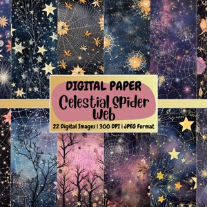 Celestial Spider Web Digital Paper: Starry Night Florals (Instant Download)