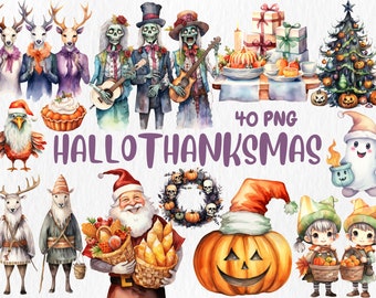 Watercolor Hallothanksmas Clipart | Halloween, Christmas, Thanksgiving Illustrations, Pumpkin, Santa | Instant Download for Commercial Use