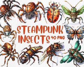 Watercolor Steampunk Insect Clipart: 40 PNG Images (Digital Download)