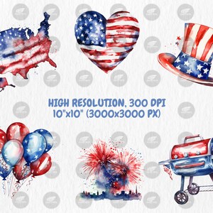 Watercolor 4th of July Clipart | American Flag, Independence Day, Uncle Sam Hat Illustrations | Instant Download for Commercial Use