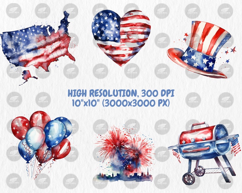 Watercolor 4th of July Clipart | American Flag, Independence Day, Uncle Sam Hat Illustrations | Instant Download for Commercial Use