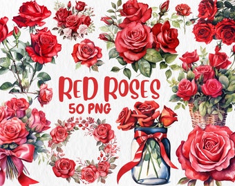 Watercolor Red Roses Clipart: 50 PNG Floral Illustrations (Digital Download)