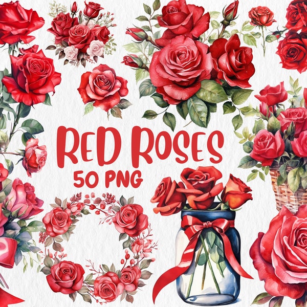 Watercolor Red Roses Clipart | 50 Separate Roses and Leaves PNGs | Red Rose Illustrations, Photo Frame | Instant Download for Commercial Use