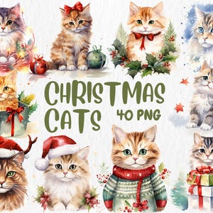 Aquarel kerst katten clipart | Kattenillustraties feestelijke feestdagen, afbeelding schattige winterkat, doe-het-zelfkerstkaarten en -knutsels, commercieel gebruik