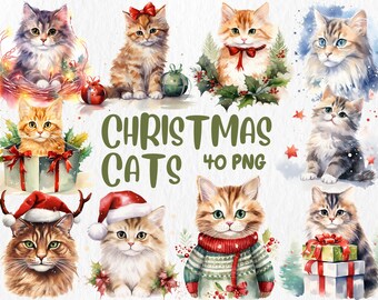 Watercolor Christmas Cats Clipart: Festive Holiday PNG Graphics
