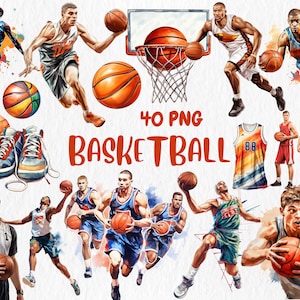 Clipart de basquete em aquarela | Arremesso de salto, camisa, treinador, árbitro, ilustrações de equipamentos esportivos | Download instantâneo para uso comercial