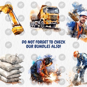 Watercolor Construction Clipart | Worker, Hard Hat, Dump Truck, Cement Mixer, Bulldozer Illustrations | Instant Download for Commercial Use