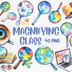 Watercolor Magnifying Glasses Clipart | Science & Curiosity Themed Graphics, Educational Illustrations | Instant Download for Commercial Use