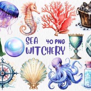 Clipart de acuarela de brujería marina / Estética mágica oceánica: pulpo, perla, estrella de mar, elementos marinos de fantasía / Descarga instantánea, uso comercial