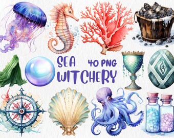Imágenes prediseñadas de fantasía marina en acuarela: Imágenes PNG de fantasía oceánica (uso comercial, descarga digital)