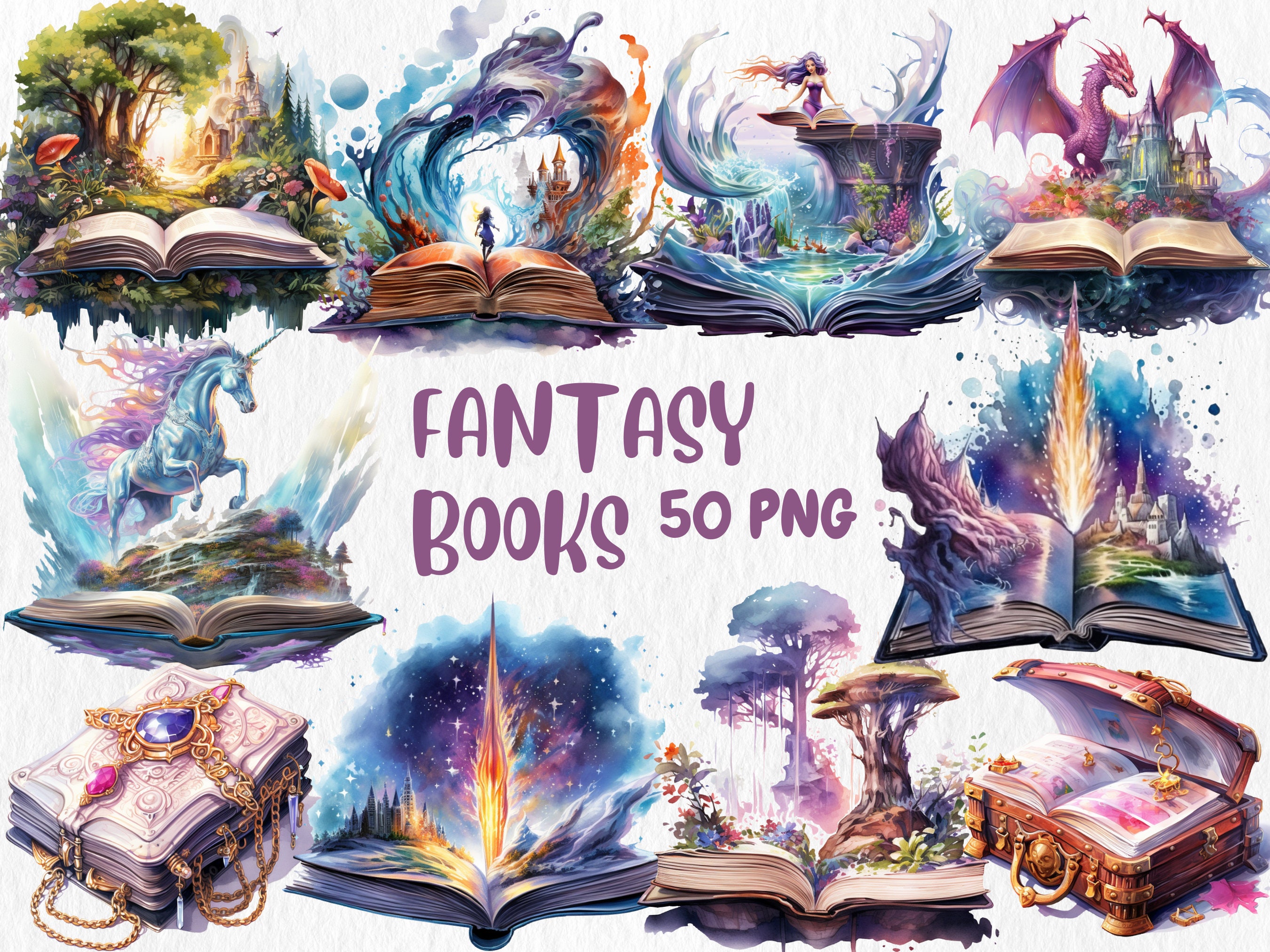 Watercolor Fantasy Books Clipart: Magical Illustrations (50 PNG ...