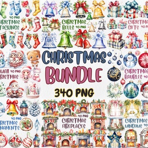 Può includere: Un set di illustrazioni digitali di Natale di 340 elementi ad acquerello. Il set include illustrazioni di calze, campane, regali, personaggi kawaii, ornamenti, caminetti e finestre. Le illustrazioni sono in una varietà di colori, tra cui rosso, verde, blu e oro.