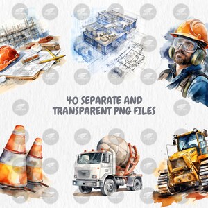 Watercolor Construction Clipart | Worker, Hard Hat, Dump Truck, Cement Mixer, Bulldozer Illustrations | Instant Download for Commercial Use