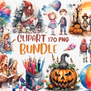 Mega Bundle de Clipart de Aquarela | 170 Gráficos PNG | Escola, Crianças, Natal, Verão, Clipart de Halloween | Download Instantâneo para Uso Comercial