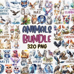 Méga lot de cliparts animaux aquarelles | Aigles, loups, poules, lapins, lamas, hiboux, chevêches | Téléchargement instantané pour une utilisation commerciale