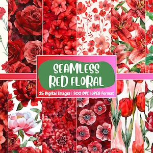 Nahtloses rotes Blumen - Digital Papier | Shabby Chic Hintergrund, Blumen Kulissen, Basteln, Printable | Download für Journals & Scrapbooking