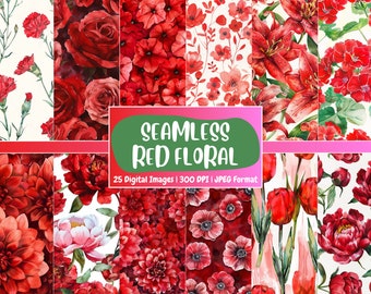 Red Floral Digital Paper: Shabby Chic Scrapbook Background (Digital Download)