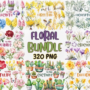 Pacote de clipart floral em aquarela Mega | Ilustrações de cacto, narciso, tulipa, açafrão, peônia e jacinto | Download instantâneo para uso comercial