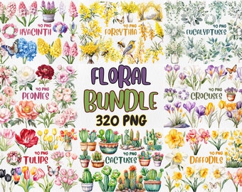 Watercolor Floral Clipart Bundle: Cactus, Tulip, Peony (PNG, Digital Download)