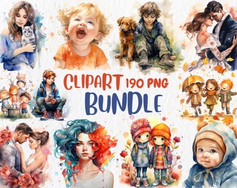 Akvarell Clipart Mega Bundle: 190 PNG-grafik, barn och bröllop (direktnedladdning)