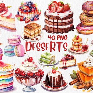 Clipart z deserem akwarelowym | Lody, Ciasto czekoladowe, Sernik, Croissant, Ilustracje babeczek | Natychmiastowe pobranie do użytku komercyjnego