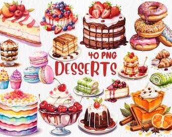 Watercolor Dessert Clipart: Cake, Ice Cream, Croissant Illustrations (Instant Download)