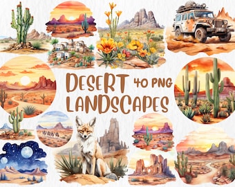 Watercolor Desert Landscapes Clipart: Cacti, Camel Caravan (Digital Download)