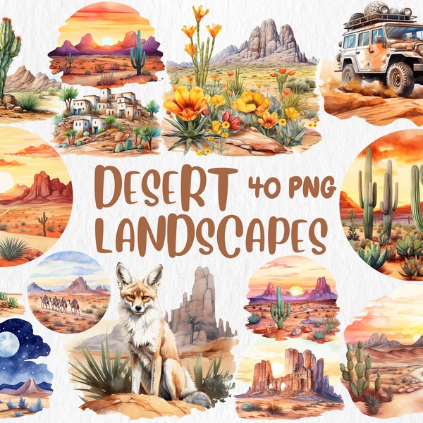 Watercolor Desert Landscapes Clipart | Cacti, Cactus, Camel Caravan, Night Sky, Western Illustrations | Instant Download for Commercial Use