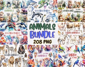 Aquarell Tiere Clipart Bundle: 208 PNG-Bilder (kommerzielle Nutzung)