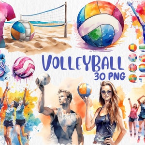 Aquarell Beachvolleyball Clipart | Aufschlag, Ball, Spielfeld, Beachvolleyball Ausstattung Illustrationen | PNG Grafiken, sofortiger Download für kommerzielle Nutzung