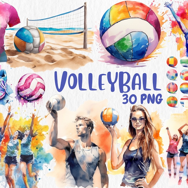 Watercolor Volleyball Clipart | Serving, Ball, Court, Volleyball Equipment Illustrations | PNG Graphics, Instant Download for Commercial Use