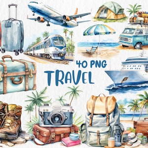 Clipart voyage aquarelle | Illustrations graphiques de vacances, avion, valise, billet, bagages | Téléchargement instantané pour une utilisation commerciale