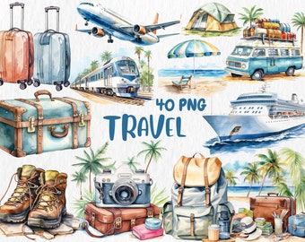 Clipart voyage aquarelle | Illustrations graphiques de vacances, avion, valise, billet, bagages | Téléchargement instantané pour une utilisation commerciale