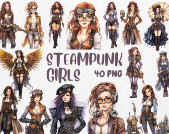 Watercolor Steampunk Girls Clipart: Aviator Goggles, Gadget Belts (Instant Download)