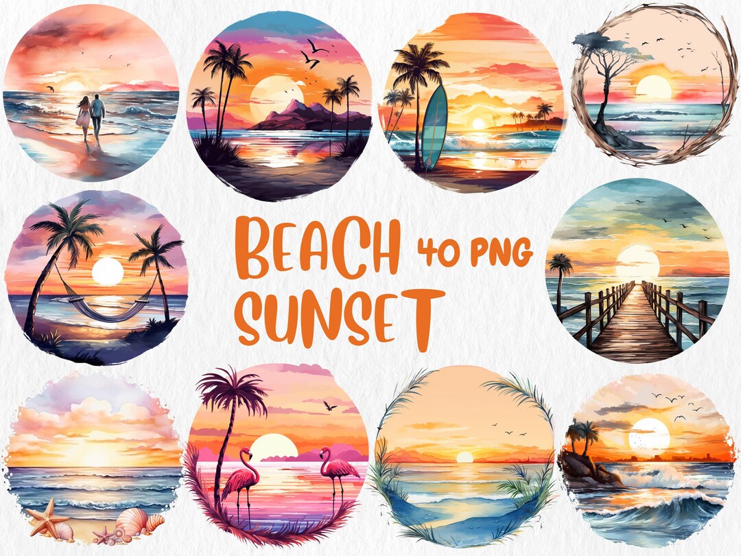 Watercolor Beach Sunset Clipart: Tropical Illustrations (instant ...
