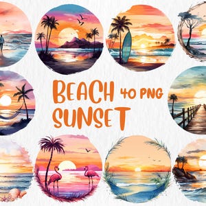 Clipart de atardecer en la playa en acuarela / Palmeras, flores tropicales, olas suaves, ilustraciones de flamencos / Descarga instantánea para uso comercial