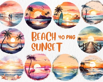 Watercolor Beach Sunset Clipart: Tropical Illustrations (Instant Download)