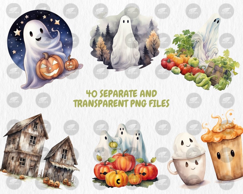 Watercolor Autumn Ghosts Clipart | Autumn Ghost Illustrations | Painted Ghost Clipart, 40 PNG Graphics, Instant Download for Commercial Use