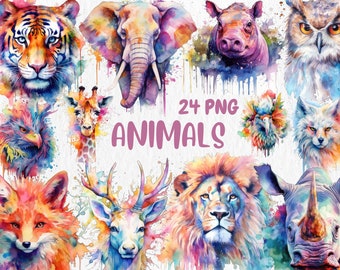 Watercolor Animal Clipart: 24 Colorful PNG Illustrations (Commercial Use)