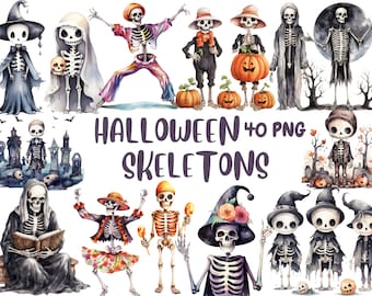 Watercolor Halloween Skeletons Clipart: 40 PNG Graphics (Commercial Use)